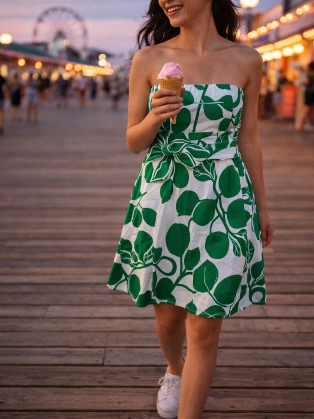 B Smart Strapless Green Leaf Dress A Line Cotton Size 7 / 8